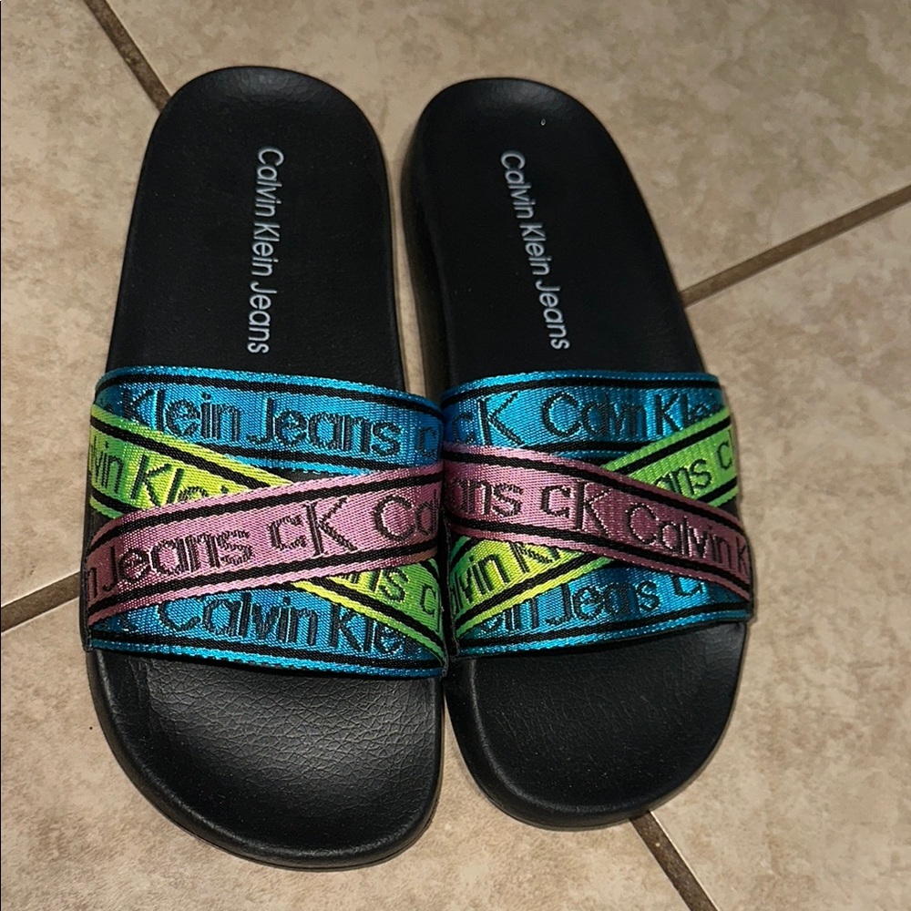 Calvin Klein Black and Blue Slide Sandals Sporty Design